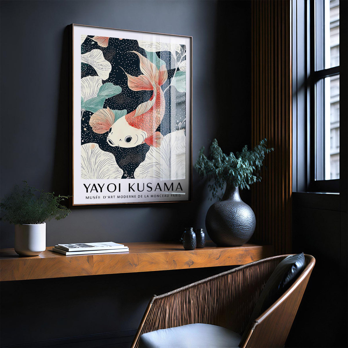 Koi Carp Wall Art featuring botanical accents and traditional fish design.