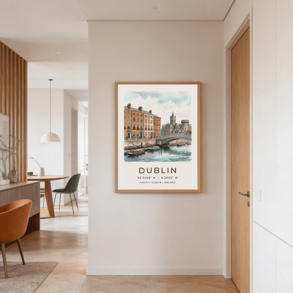 Hand-drawn Dublin City Art Print with “DUBLIN” text and coordinate lettering