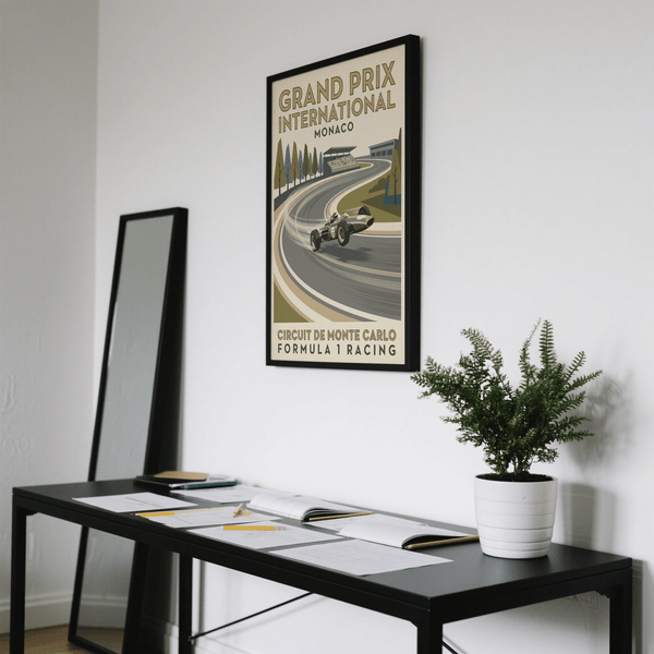 Classic Monaco Grand Prix poster print with layered track edges and motion lines around the curve
