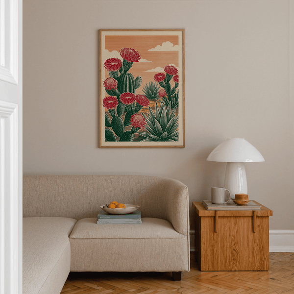 Cactus Desert Art print with red flowers for hallway