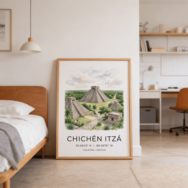 Scenic Mexico landmark poster print featuring stepped pyramids, trees, and sky