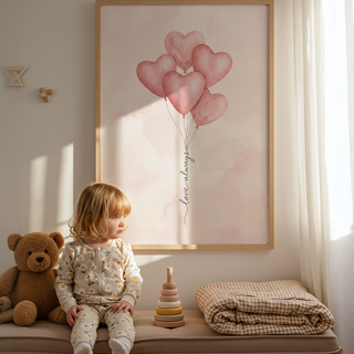 Minimal watercolor balloon print showing five hearts grouped at the top