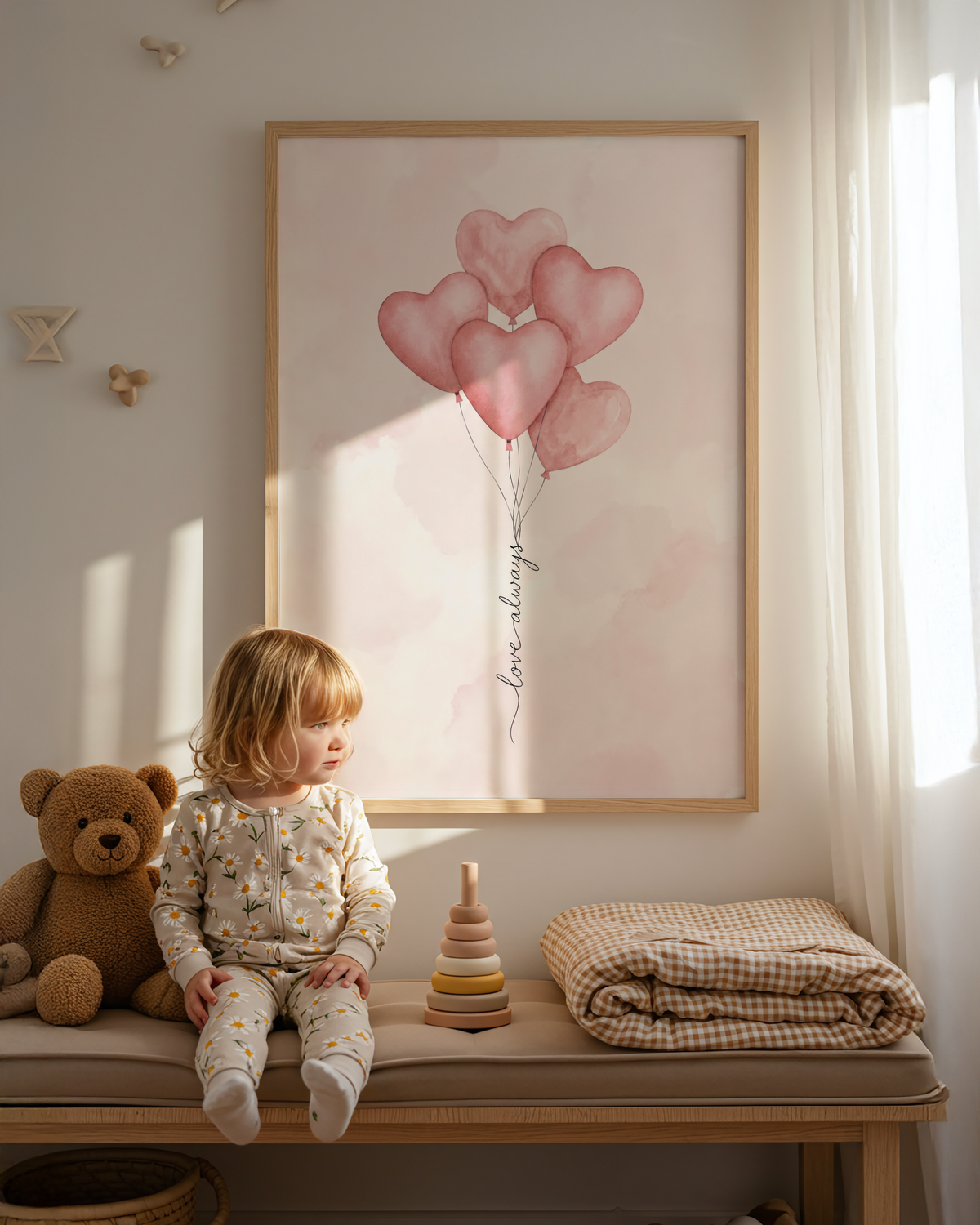 Minimal watercolor balloon print showing five hearts grouped at the top