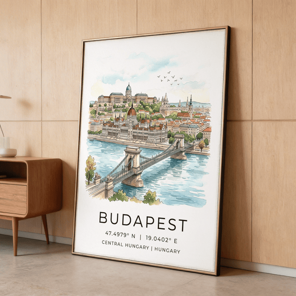 Illustrated Budapest travel poster print with birds over the riverfront