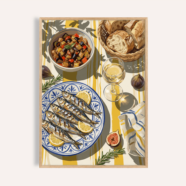 Mediterranean Kitchen Decor print with multicolored dishes for dining room wall art