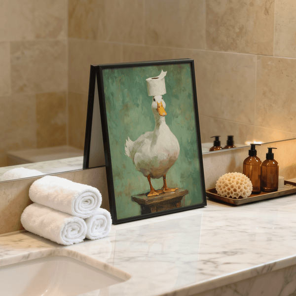 Front-facing duck print with a toilet paper roll hat, simple background and central composition