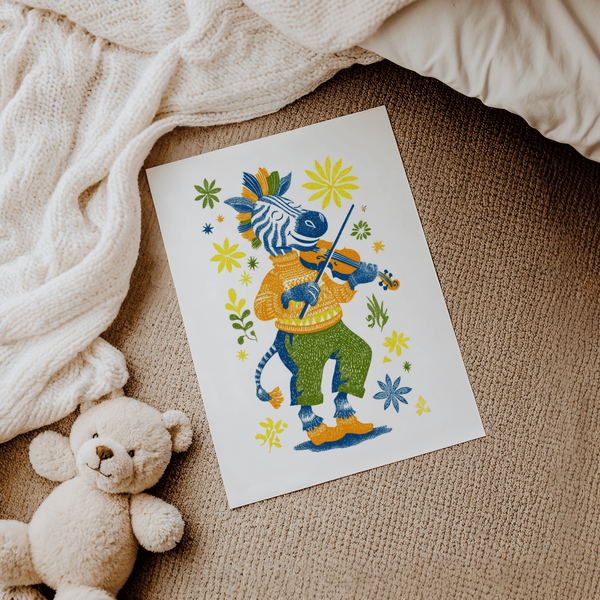 Zebra Playing Violin Poster with multicolored zebra art for classroom walls