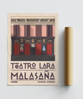 Teatro Lara Wall Art poster showing facade, red doors, and MALASAÑA title