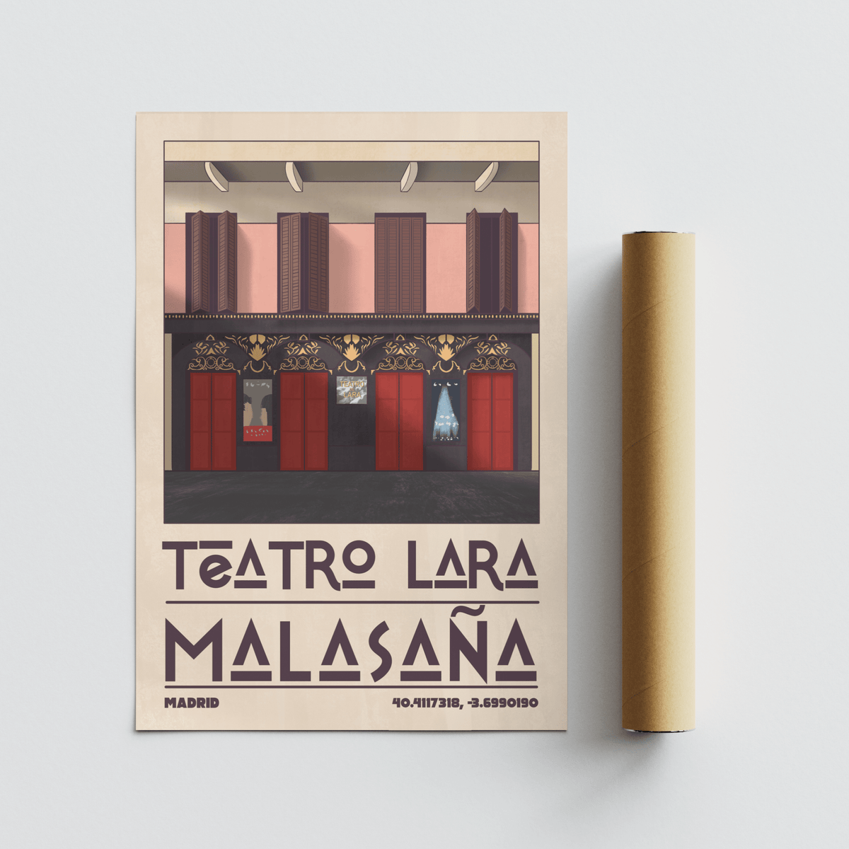 Teatro Lara Wall Art poster showing facade, red doors, and MALASAÑA title