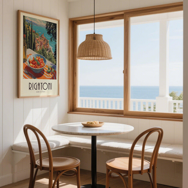 Pasta artwork on striped orange tablecloth with Italian ocean view.