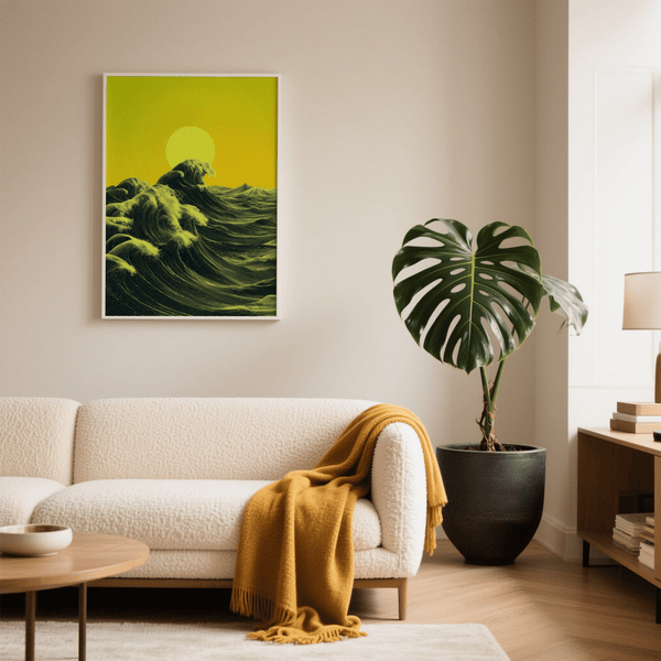 Abstract Ocean Art Print with bright yellow and green for office decor
