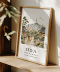 Korean architecture wall art poster with hanok lane and stone steps