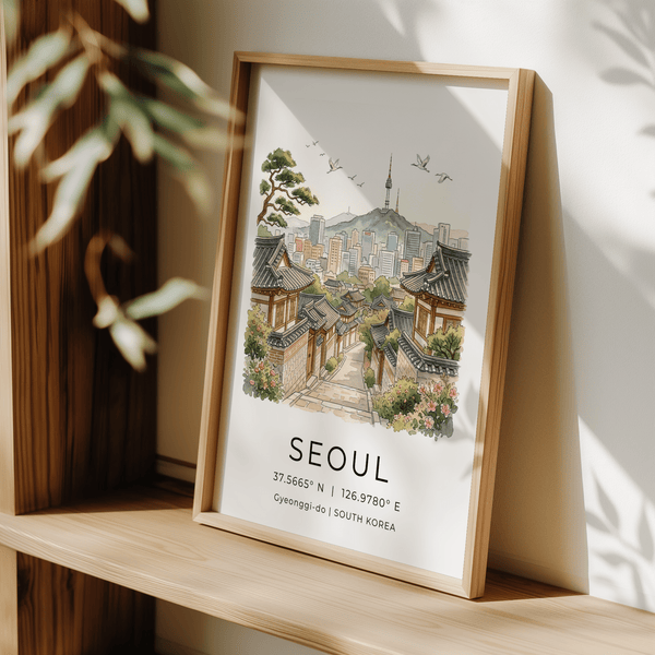 Korean architecture wall art poster with hanok lane and stone steps
