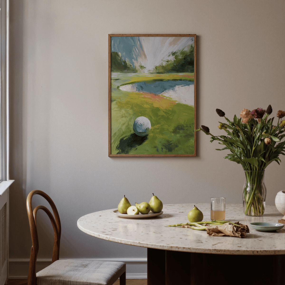 Modern painterly Golf Landscape Wall Art with fairway bands and sky