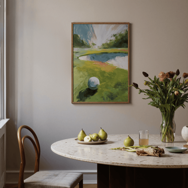 Modern painterly Golf Landscape Wall Art with fairway bands and sky