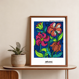 Nocturnal Floral Art Print with three large flowers and circular motif background