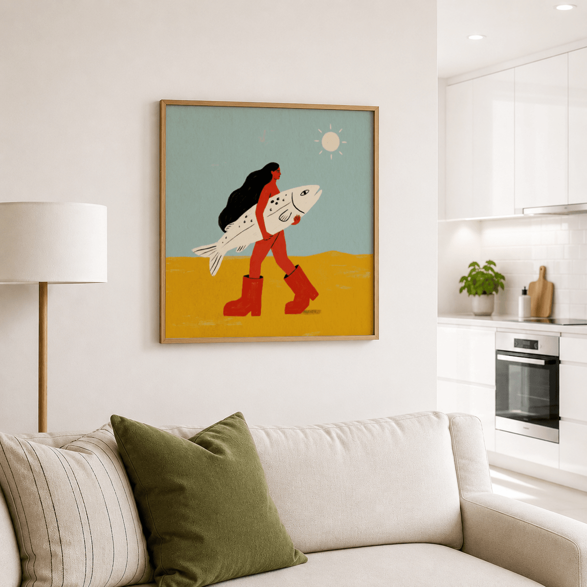 Modern figurative poster print of a woman carrying a fish with simple line details