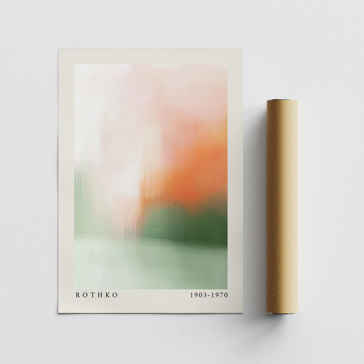 Calming wall art with abstract peach and green colour fields with a packaging tube