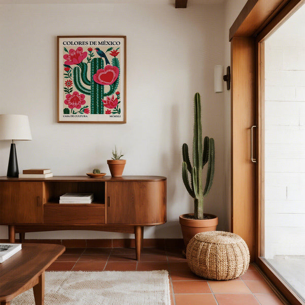 Traditional folk poster with cactus, flowers, and bird in Mexican Folk Art Cactus theme.