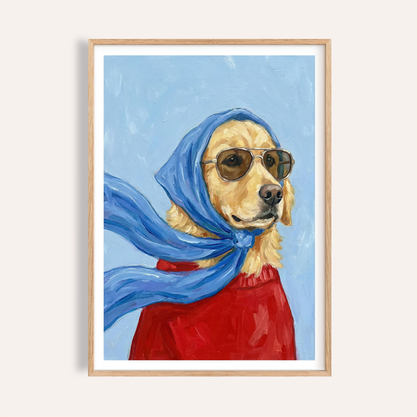 Golden Retriever Art print with Blue, Beige, and Red for living room wall art