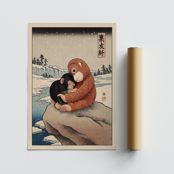 Winter shoreline art showing layered ice, trees, and embracing primates