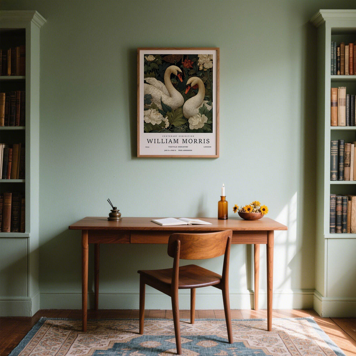 Elegant pair of swans in William Morris-inspired botanical setting – Swan Wall Art.