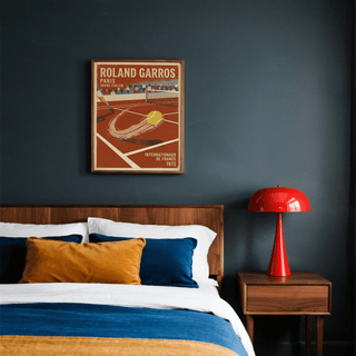 Roland Garros Art Print wall art featuring tennis net, spectators, and bold headline text