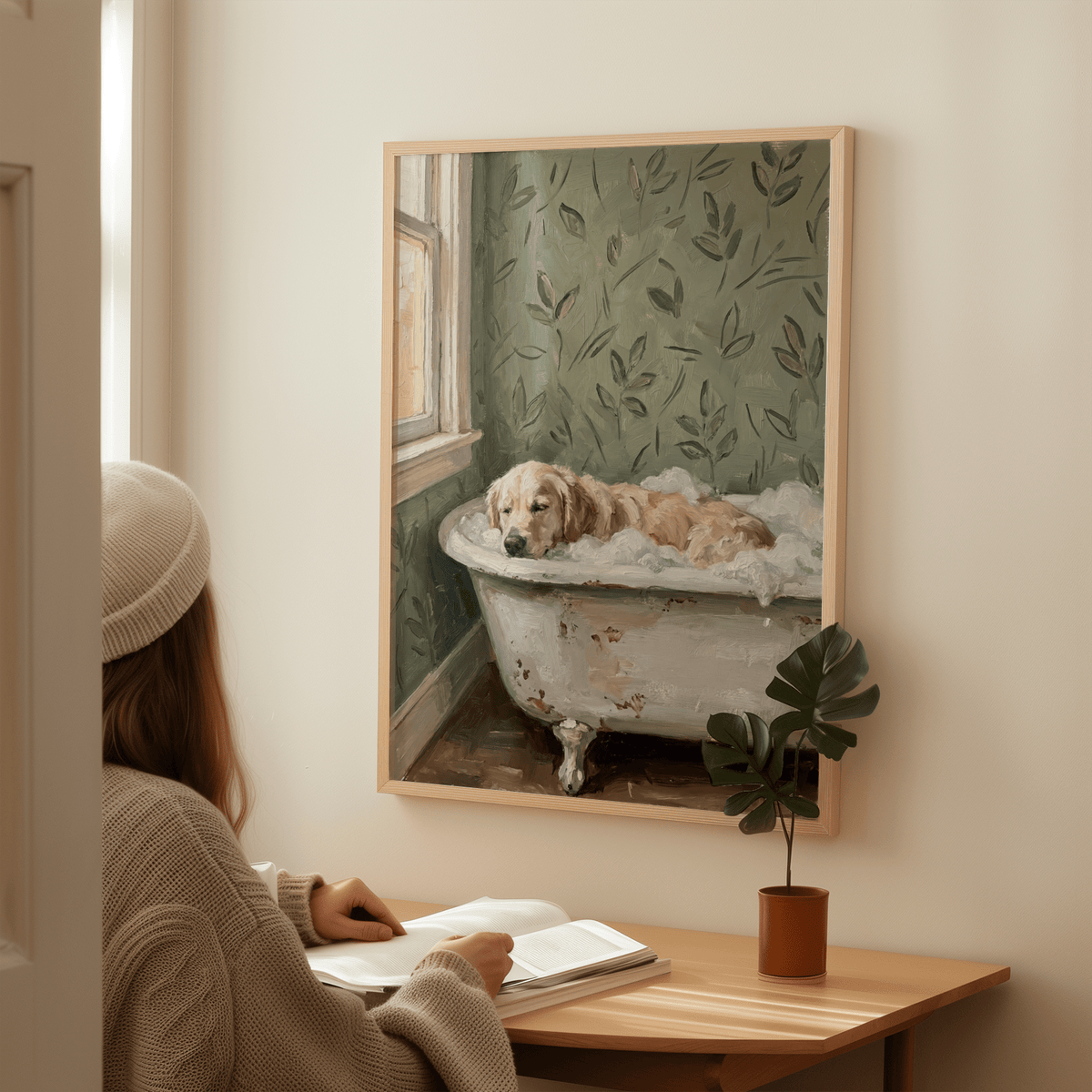 Golden Retriever Wall Art in Green, Beige, and White for hallway art print