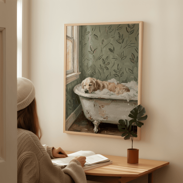 Golden Retriever Wall Art in Green, Beige, and White for hallway art print