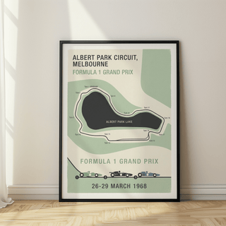 Framed Melbourne Grand Prix Art print with three vintage open-wheel cars beneath track layout