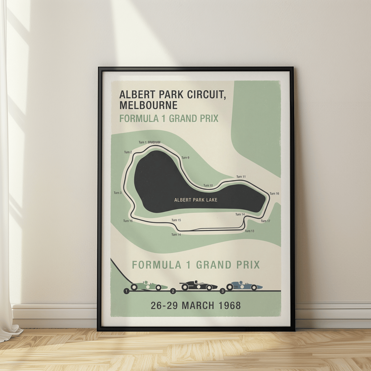 Framed Melbourne Grand Prix Art print with three vintage open-wheel cars beneath track layout