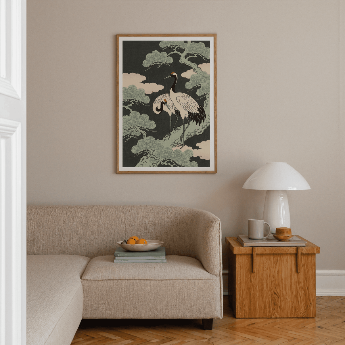 Japanese Crane Art Print with serene yellow details for home office wall art