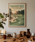 Capturing golf course landscape poster print with sunrise glow, pine forest backdrop, and central fairway sweep