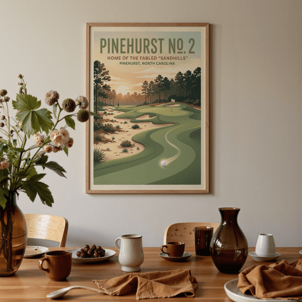 Capturing golf course landscape poster print with sunrise glow, pine forest backdrop, and central fairway sweep