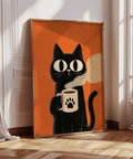 Cat Coffee Mug Print featuring cat and mug, Black and Orange for kitchen