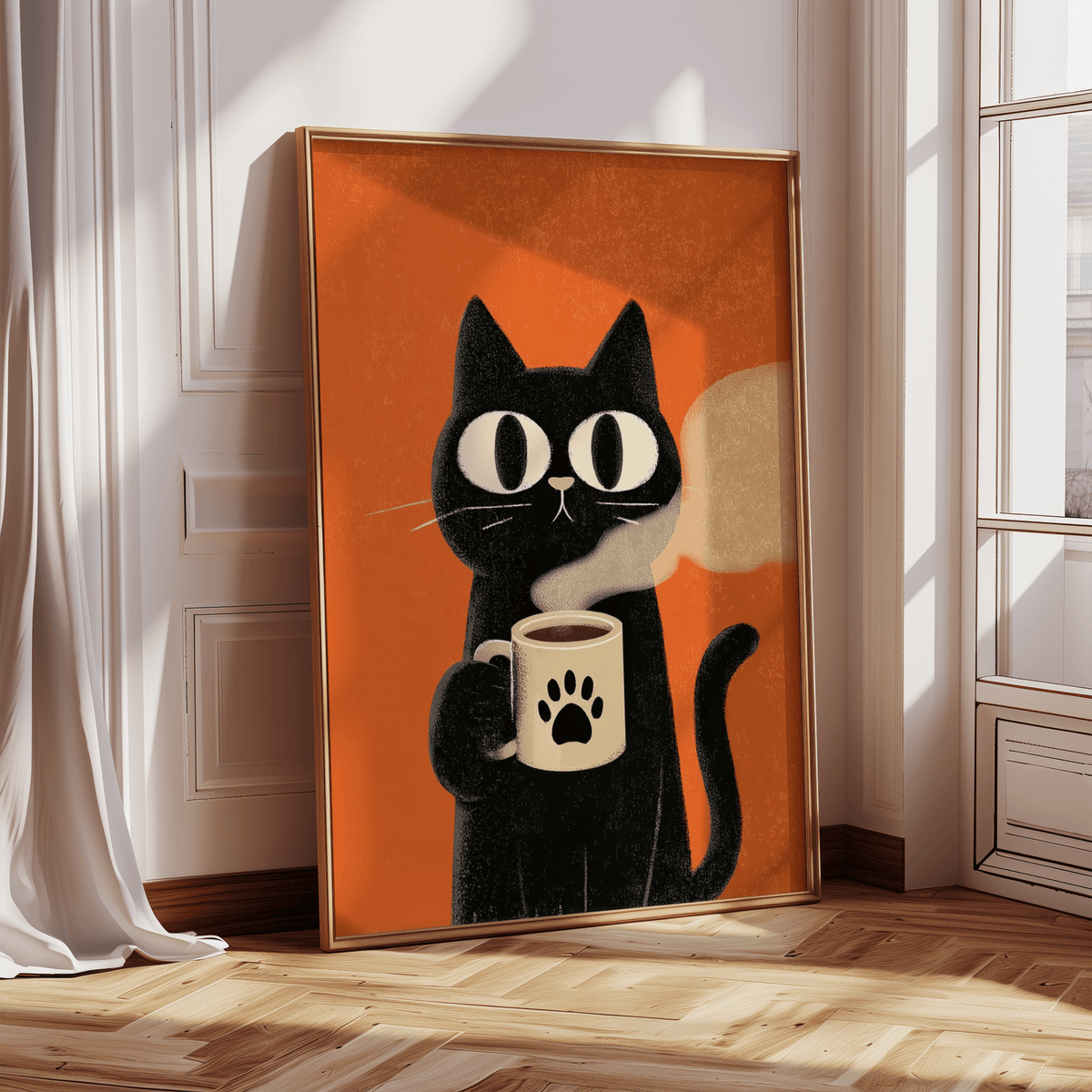 Cat Coffee Mug Print featuring cat and mug, Black and Orange for kitchen