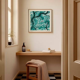 Peaceful teal abstract wall art for bedroom or creative workspaces