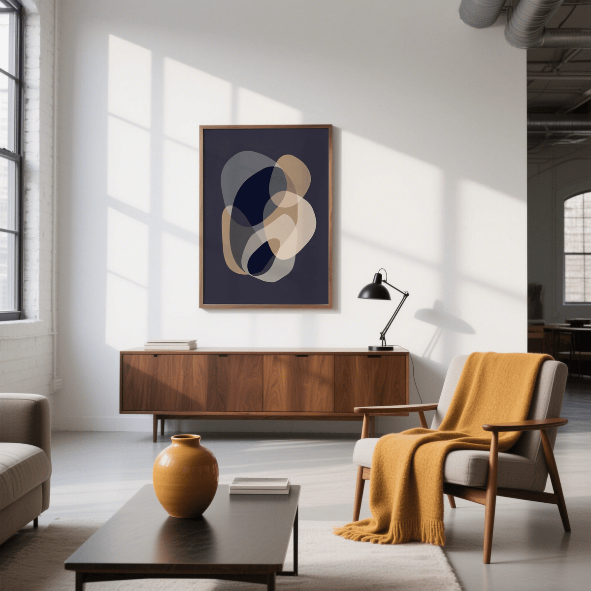 prints abstract art with organic forms in Beige, White for den