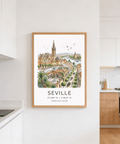Seville Art Print poster showing riverfront scene, bridges, and layered buildings