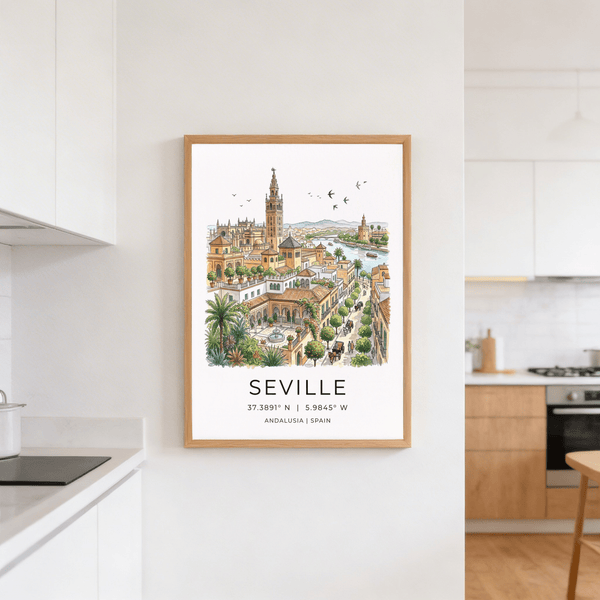 Seville Art Print poster showing riverfront scene, bridges, and layered buildings