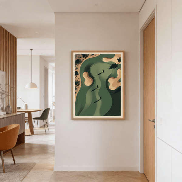 Flat-color fairway poster with precise negative space layout