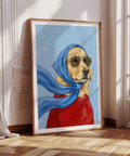 Golden Retriever Art piece with Blue tones, Beige retriever, and Red shirt for study
