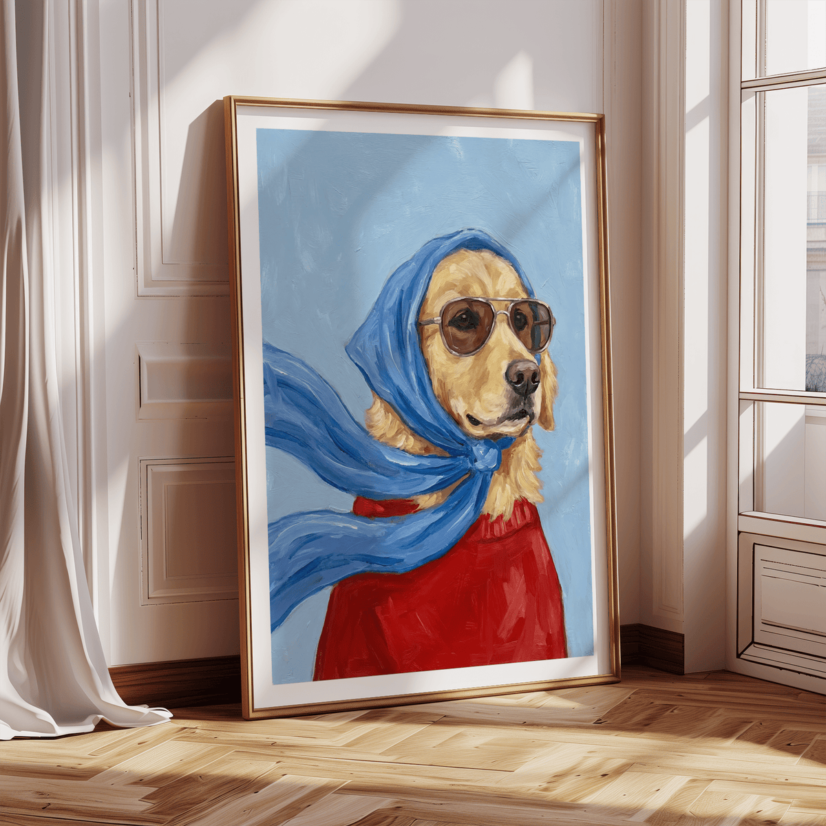 Golden Retriever Art piece with Blue tones, Beige retriever, and Red shirt for study