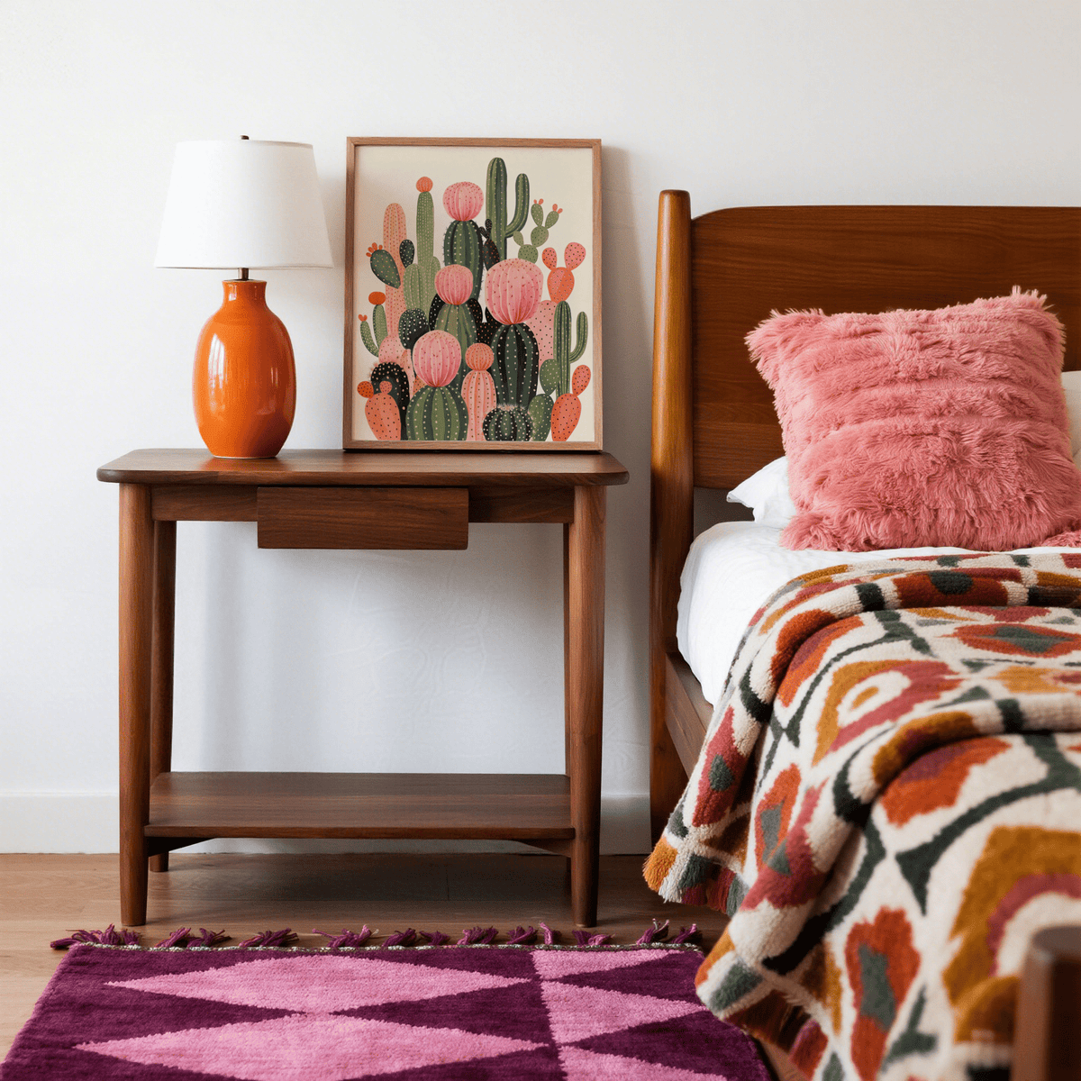 Contemporary Cactus Print showing green and orange cacti for dining room