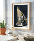 Illustrated frog poster with crosshatched linework, tiled wall, and dark curtain