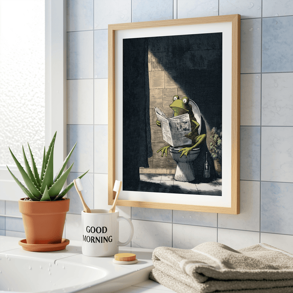 Illustrated frog poster with crosshatched linework, tiled wall, and dark curtain