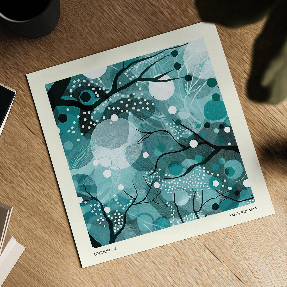 Matte paper artwork of branches and moon in teal home decor