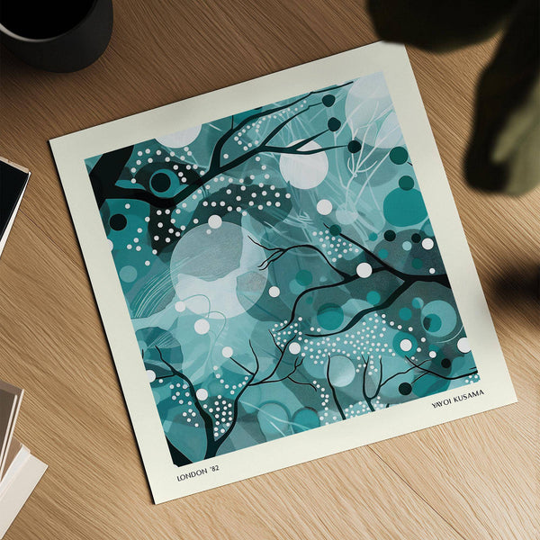 Matte paper artwork of branches and moon in teal home decor