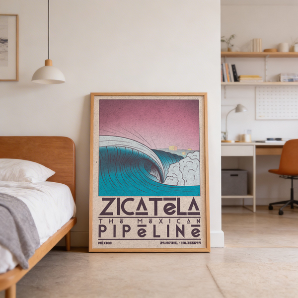 Presenting Mexican Beach Art wall art with stylized wave barrel and retro type layout