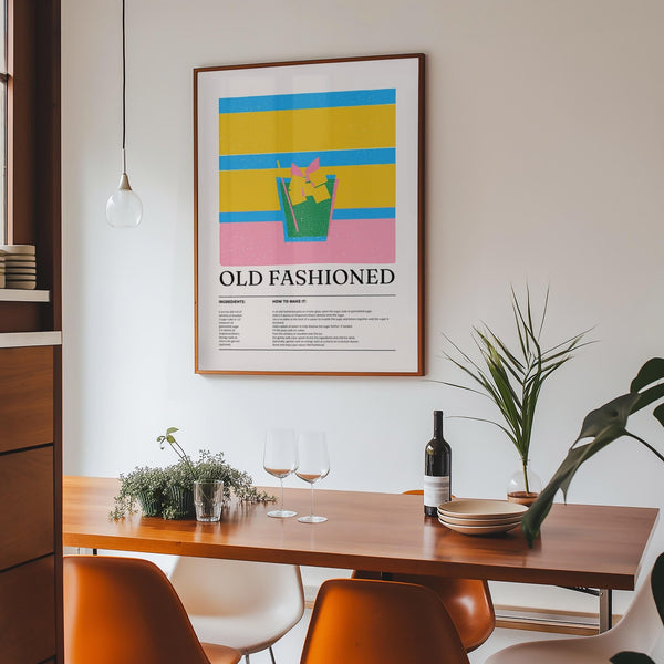 Cocktail recipe poster for whiskey lovers in bold graphic style.